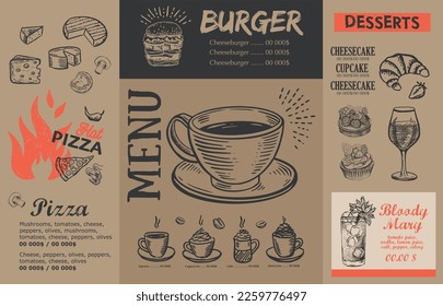 Menu, Restaurant cafe, template design. Food flyer.
