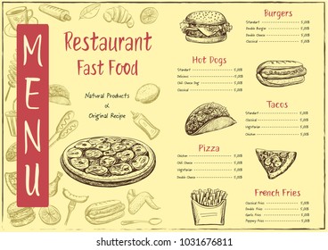 Menu for the restaurant fast food. Hand drawing food on a light yellow background