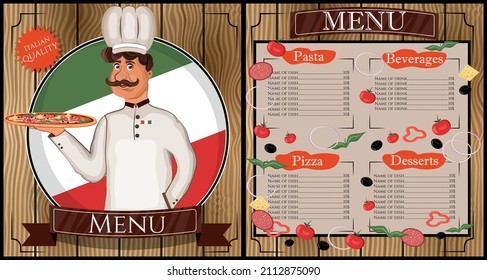 Menu for a restaurant. Food. Italian traditional cuisine. The chef is holding a pizza on the cover. Vector stock illustration. Cartoon. Character. Wooden texture