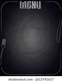Menu of restaurant with fork and knife on black chalkboard background. Vector illustration