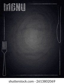 Menu of restaurant with fork and knife on black chalkboard background. Vector illustration