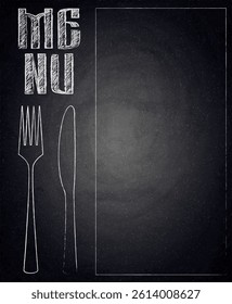 Menu of restaurant with fork and knife on black chalkboard background. Vector illustration
