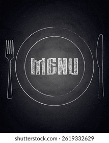 Menü des Restaurants mit Gabel, Messer und Teller auf schwarzem Kreidetafelhintergrund. Vektorgrafik