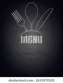 Menu of restaurant with fork, spoon and knife on black chalkboard background. Vector illustration