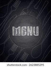 Menu of restaurant with fork, spoon and knife on black chalkboard background. Vector illustration