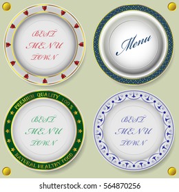 the menu for the restaurant in the form of a plate, set of four items