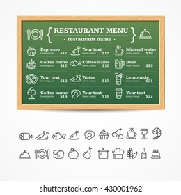 Menu Restaurant Green Board with Icons Set. Vector illustration