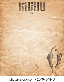 Menu of restaurant with hand drawn chilli pepper on the old paper background. Vector illustration