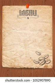 Menu of restaurant with hand drawn coffee beans on paper and Wooden background