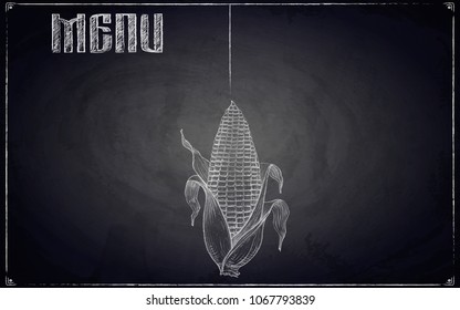 Menu of restaurant with hand drawn corn on black chalkboard background. Vector illustration
