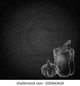 Menu of restaurant with hand drawn vegetables on black chalkboard background. Vector illustration