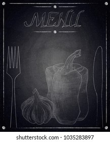 Menu of restaurant with hand drawn vegetables on black chalkboard background. Vector illustration