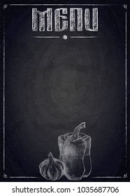 Menu of restaurant with hand drawn vegetables on black chalkboard background. Vector illustration