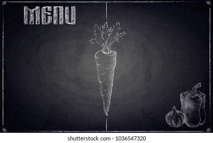 Menu of restaurant with hand drawn vegetables on black chalkboard background. Vector illustration