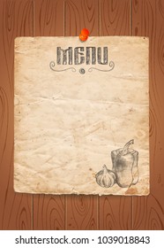 Menu of restaurant with hand drawn vegetables on old paper and wooden background