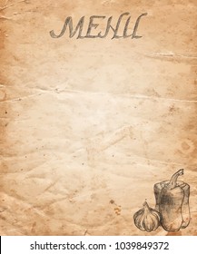 Menu of restaurant with hand drawn vegetables on the old paper background. Vector illustration