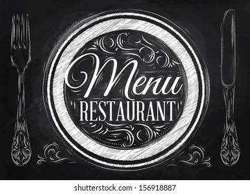 Menu restaurant lettering on a plate with a fork and a spoon in vintage style drawing with chalk on chalkboard background.