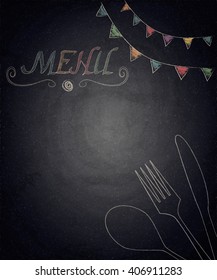 Menu of restaurant on black chalkboard background. Vector illustration