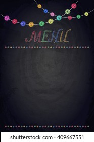 Menu Of Restaurant On Black Chalkboard Background. Vector Illustration