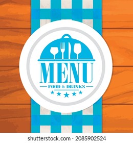 Menu of restaurant on a blue tablecloth and wooden background. Vector illustration