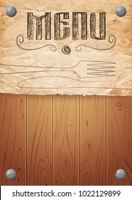 Menu of restaurant on old paper and wooden background. Vector illustration