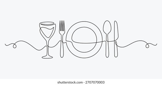 Menú Restaurante, una línea continua, una placa dibujada a mano, vidrio, cuchillo, cuchara y tenedor Diseño de boceto simple aislado sobre fondo blanco. Ilustración vectorial de contorno