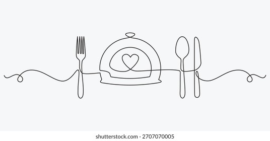 Menu Restaurant ,One continuous one line hand drawn plate, knife,spoon and fork ,Simple sketch design isolated on white background. outline Vector illustration