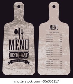 menu for the restaurant with price list in the form of wooden cutting board with a picture of cutlery