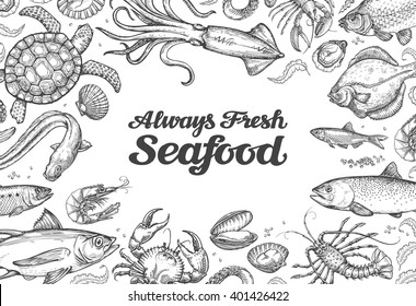 menu restaurant seafood. hand drawn sketch collection of food. design template flyer, banner, card. vector illustration