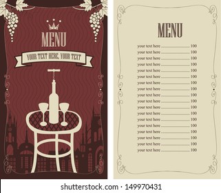menu for a restaurant with a table and a bottle of wine  on the background of the old town