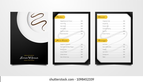 Menu restaurant template layouts in modern minimal design with brown sauce on part of white dish on black color background with yellow elements