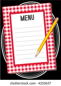 MENU. Retro art deco menu for restaurant, cafe or bistro menu with copy space, pencil, red gingham frame, black background. EPS8 compatible.