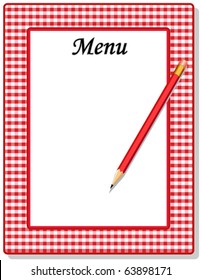 MENU. Retro menu for restaurant, cafe, diner, drive in or bistro with copy space to add your custom text, pencil, red check gingham frame. EPS8 compatible.