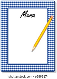 MENU. Retro menu for restaurant, cafe, diner, drive in or bistro with copy space to add your custom text, pencil, blue check gingham frame. EPS8 compatible.