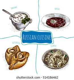 Menu of Russia colorful illustration. Vector illustration of Russian cuisine.