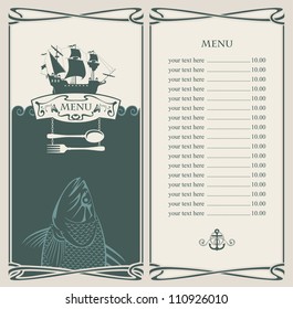 menu with sailboat and a fish in the ocean