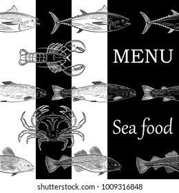 Menu, sea fish.Pattern of painted popular sea fish and crab,lobster. Salmon, tuna, cod, mackerel, dorado,lobster, crab. Black background. Vector illustration