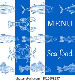 Menu, sea fish.Pattern of painted popular sea fish and crab,lobster. Salmon, tuna, cod, mackerel, dorado,lobster, crab,inscription "Menu Fish Food" on a blue background . Vector illustration