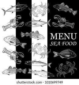 Menu, sea fish.Pattern of painted popular sea fish and crab,lobster. Salmon, tuna, cod, mackerel, dorado,lobster, crab.Black background. Vector illustration