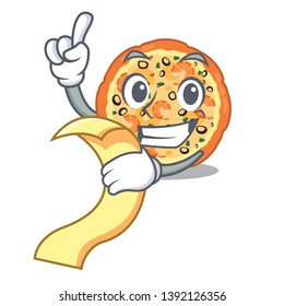 With menu seafood pizza in the mascot shape