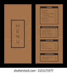 Menu for seafood restaurant with crab on brown color cover