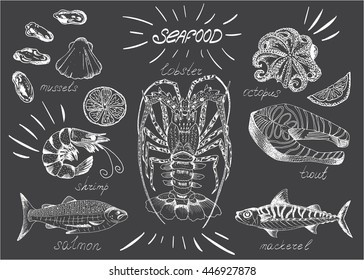 Menu seafood, white on a dark background, lobster,octopus, mussels, salmon, trout, mussels, mackerel, oysters, shrimp. Manual schedule. Set seafood