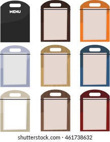 Menu set. Blank menu board with handle and paper holder. Black chalkboard, wooden, colored boards. Flat design. Isolated.