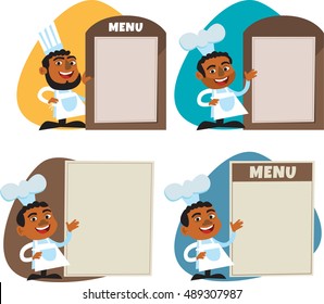 Menu set. Cartoon arabian smiling chef pointing on menu board. Flat style. Isolated.