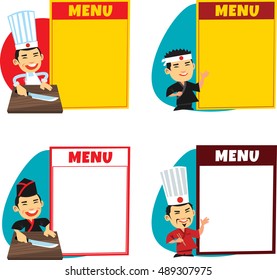 Menu set. Cartoon japanese happy chef with big menu board. Flat style. Isolated.