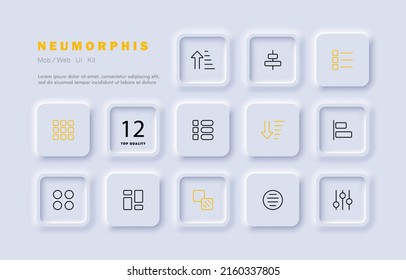 Menu set icon. Tiles, buttons, arrows, sliders, apps, lists, chart, presentation icons. Infographic concept. Neomorphism style. Vector line icon for Business and Advertising