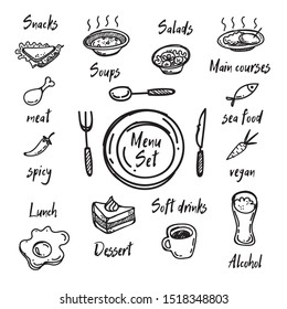 Menu set on white background. Hand drawn set of food and drinks types.  Vector black and white set of menu items in sketch style. Also contains icons indicating the types of food.