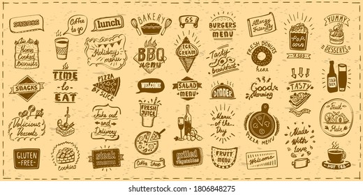 Menu set with symbols, signs and elements vector hand drawn graphic designs with fast food, pastries and drinks, alcohol, welcome and quote signs, etc.