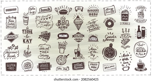 Menu set of symbols, signs and elements, vector hand drawn designs with fast food, pastries and drinks, alcohol, welcome and quote signs, etc.