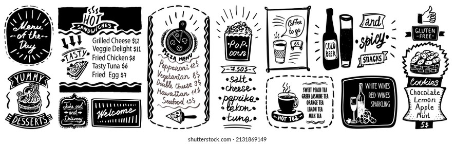 Plantilla de menú - postres, sándwiches, menú del día, bebidas, etc. Ilustración vectorial de estilo doodle en blanco y negro